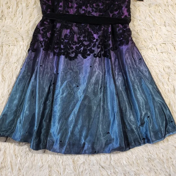 Adrianna Papell Purple Blue Ombre Black Lace Overlay Dress
